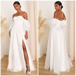 Lulus True Excellence White Bustier Off-The-Shoulder Wedding Gown Dress Medium